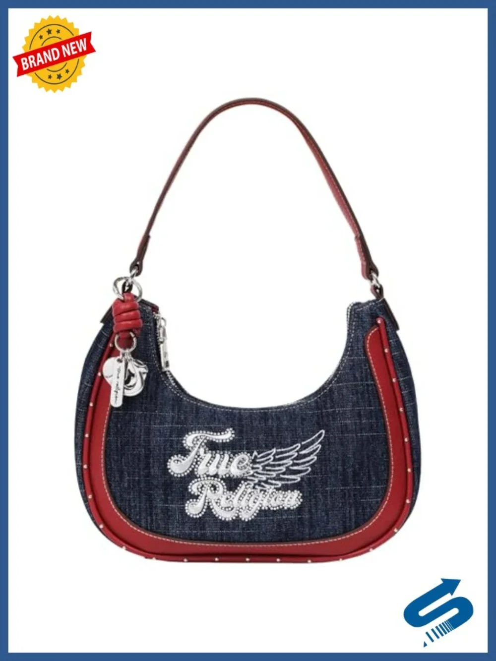 True Religion Denim Hobo Bag – Wing Motif, Polyester Blend